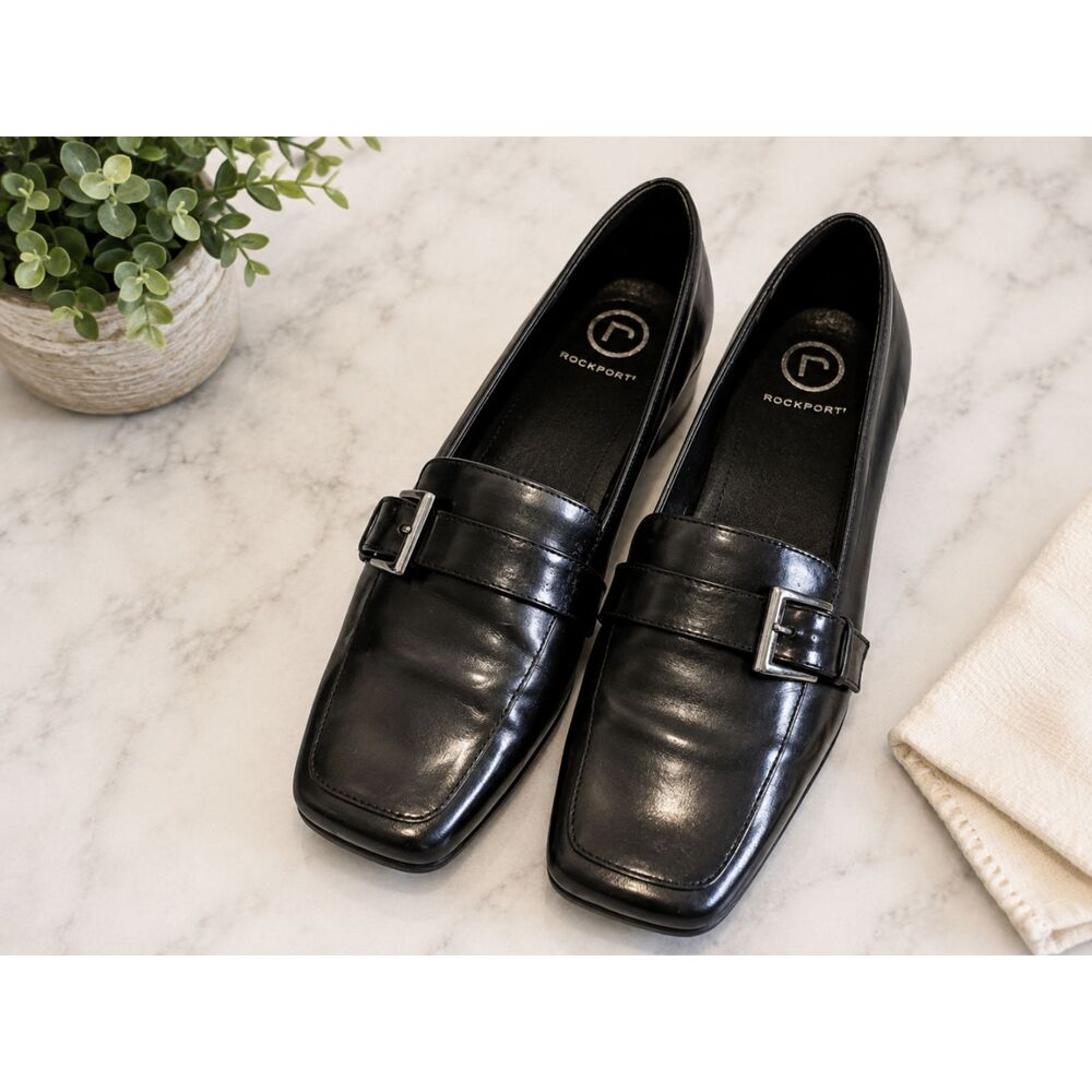 Rockport Women’s Black Leather Buckle Loafers Dress Shoes Size 8W Wide